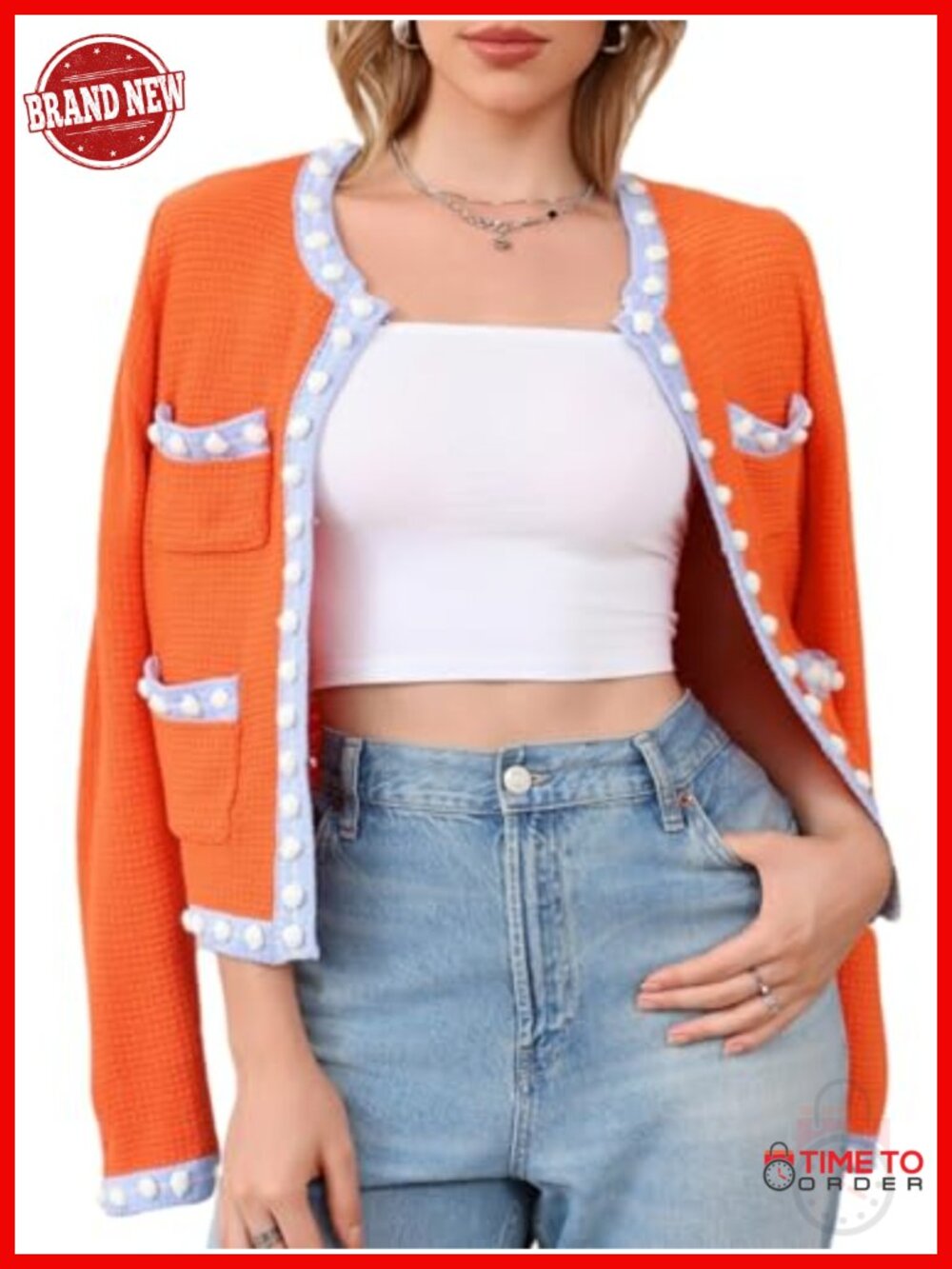 Chunky Knit Cropped Cardigan Open Front Button Down Jackie O Sweater Jacket